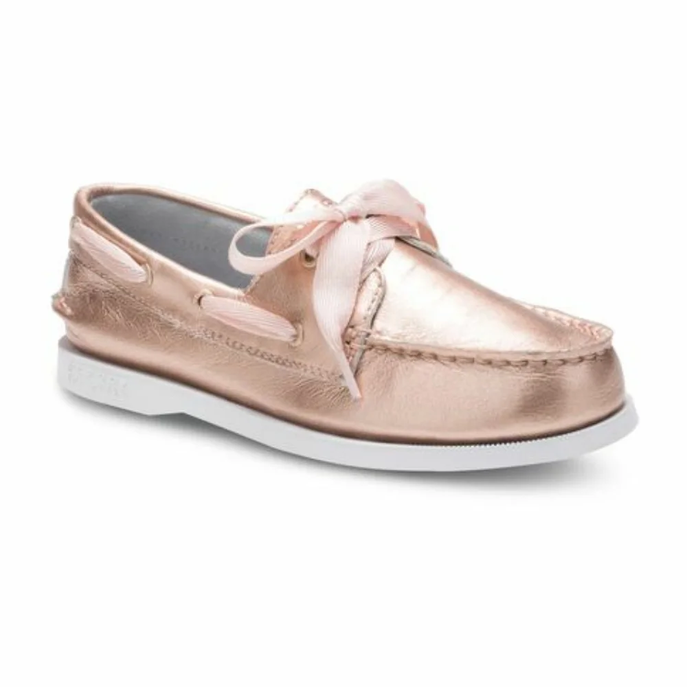 4) SPERRY Rose Gold with Ribbon 🎀 Laces Top Sliders Shiny Sz. 3